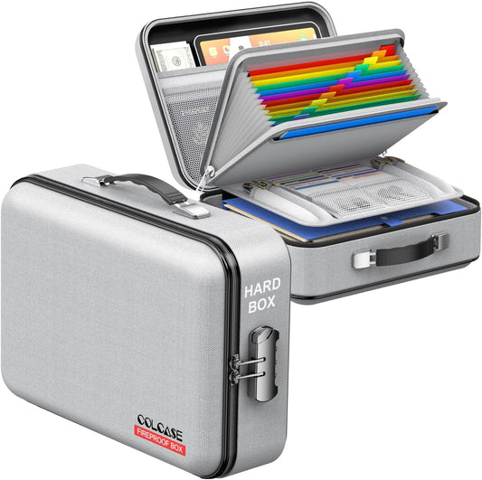Fireproof Document Box, Hard Case Fireproof File Organizer with Lock Hard-Shell Design Fireproof Water Resistant Safe Box for Important Documents Certificates Laptop Passports Gray