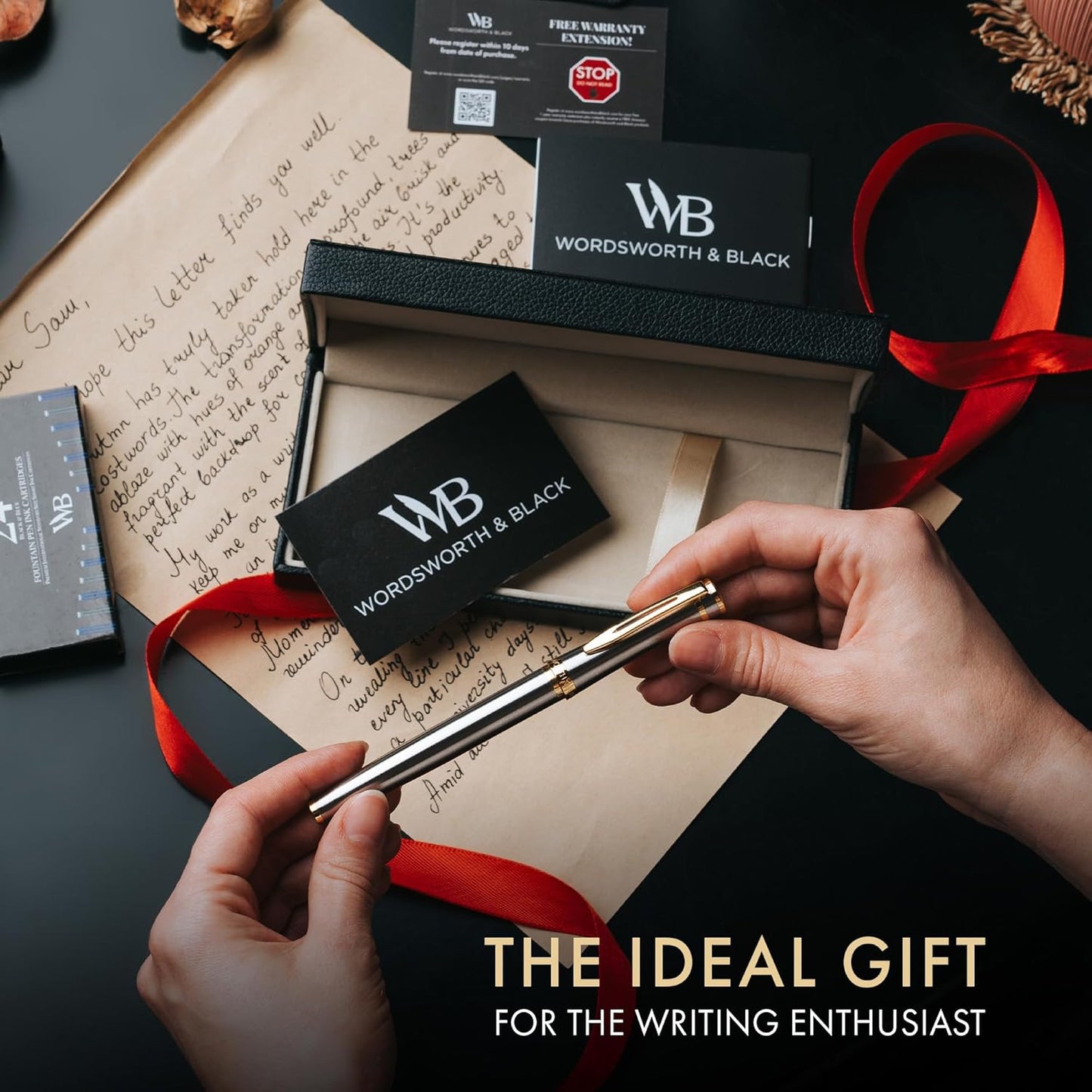 Wordsworth & Black Fountain Pen Set, 18K Gilded Extra Fine Nib, Includes 24 Pack Ink Cartridges, Ink Refill Converter & Gift Box, Gold Finish, Calligraphy, [Silver Gold], Perfect for Men & Women