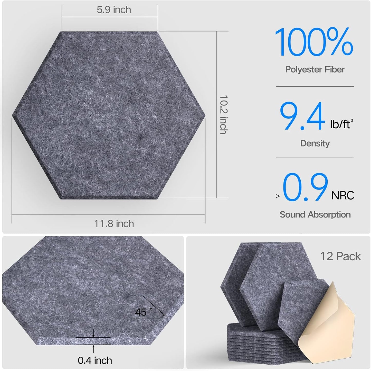 12 Pack Self-adhesive Acoustic Panels 12" X 10" X 0.4" - Sound Proof Foam Panels with High Density, Stylish Hexagonal Design, Flame Resistant, Absorb Noise and Eliminate Echoes(Dark Gray)