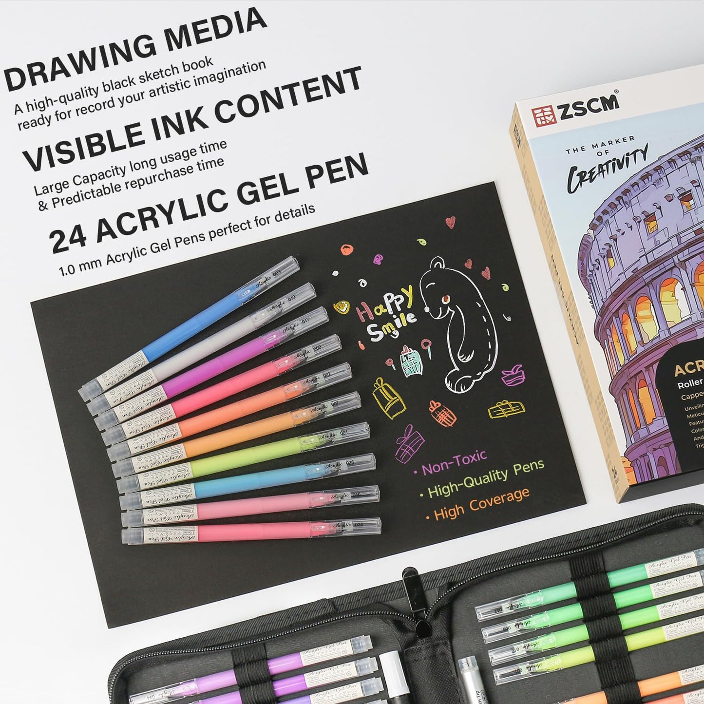 24 Colors 3D Acrylic Gel Pens & Black Paper Sketchbook for Drawing, 1mm Fine Point Acrylic Ink Pen, Opaque Archival Bright Ink Pens for Black Paper Drawing, Sketching, Illustration, Card Making