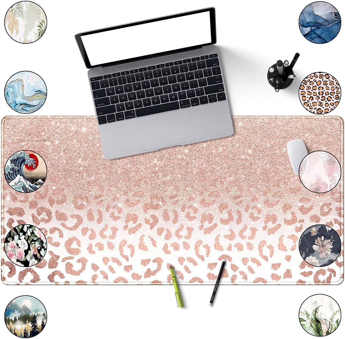 Desk Mat XXL Mouse pad, Pink Rose Gold Leopard Print Office Supplies and Accessories Decor for Women 31.5X15.75in,Stitched Edges Smooth Non-Slip Bottom, Large pad