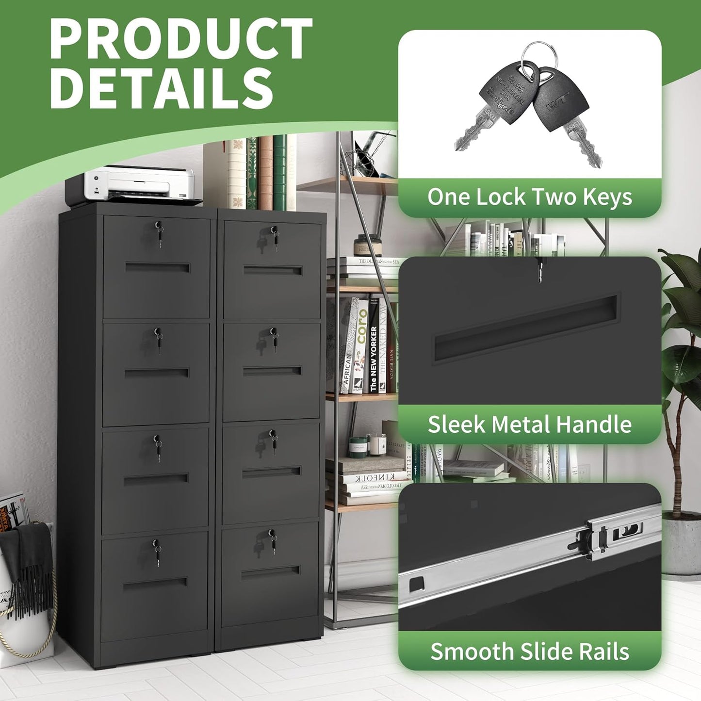 File Cabinet 4 Drawer with Lock, Vertical Filing Cabinets for Home Office, Metal Steel Storage Cabinet for Letter/Legal Size File, Assembly Required(Black)