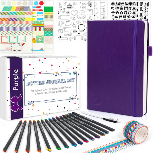 feela Dotted Journal Kit, Dot Grid Journal Hardcover Planner Notebook Set For Beginners Women Girls Note Taking with Journaling Supplies Stencils Stickers Pens Accessories, A5, 224 Pages, Purple