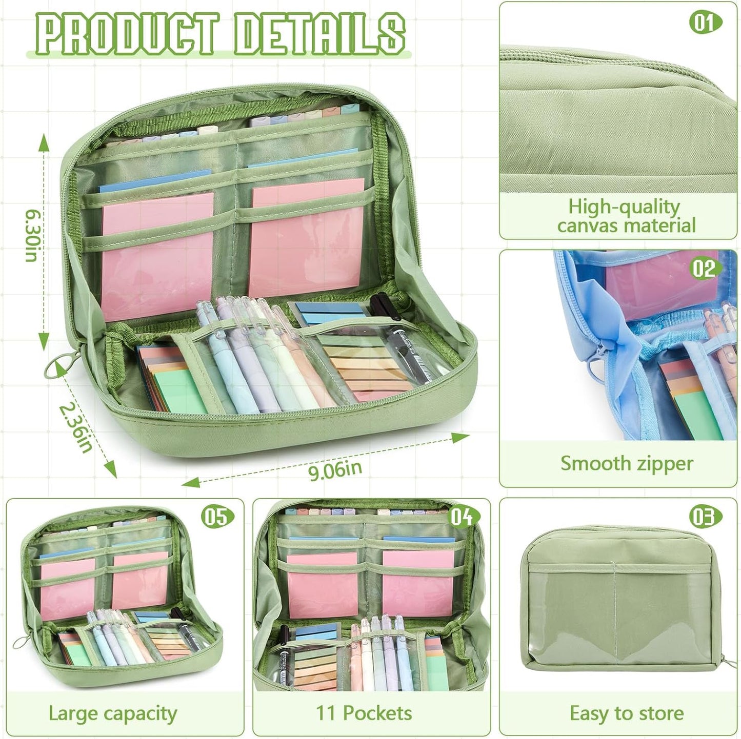 Jutom 39 Pcs Aesthetic Book Annotation Kit Highlighter with Pencil Case Bag Gel Pen Transparent Sticky Note Taking Bible Study College School Supplies(Green,Kawaii Style)