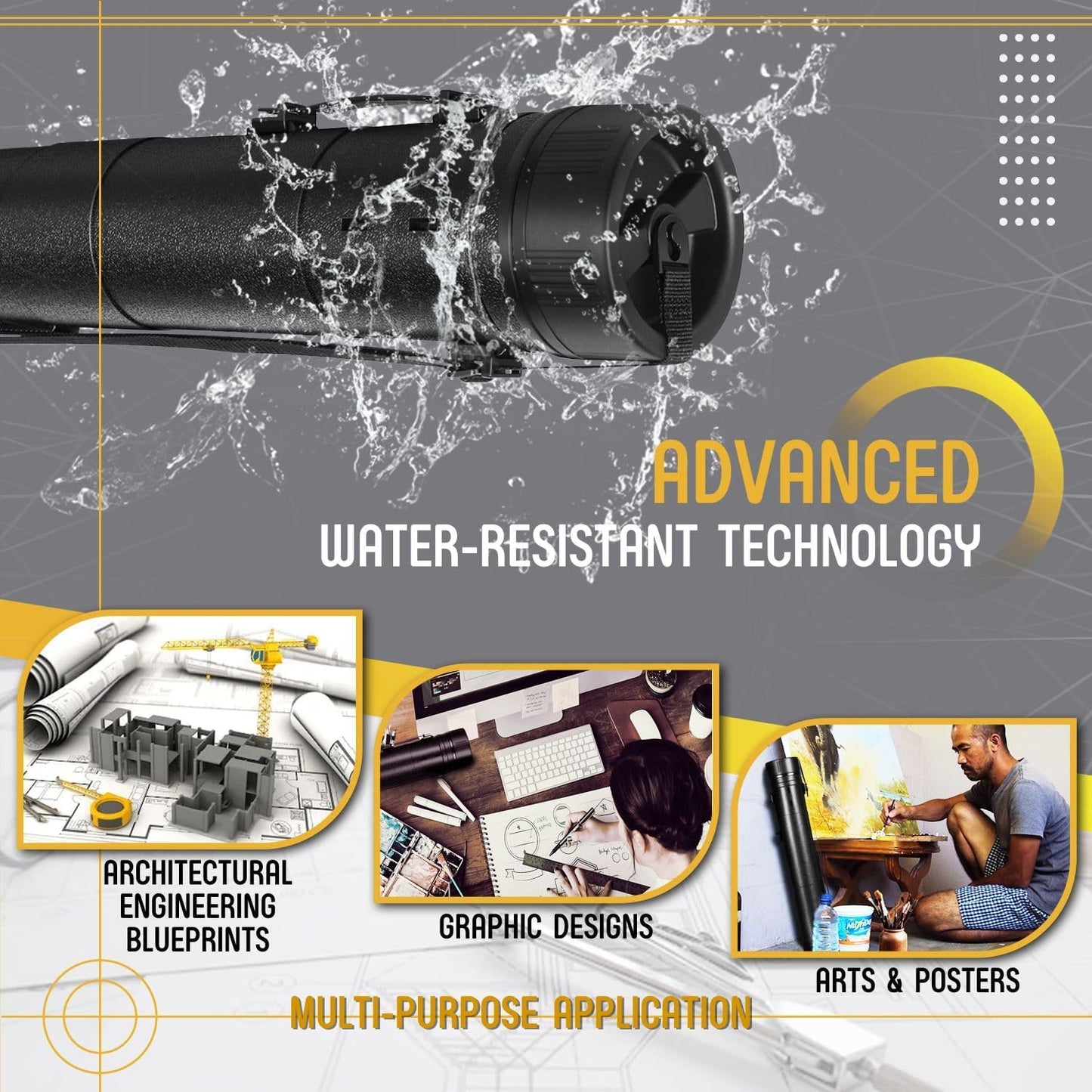 Flexzion Poster, Art, Document Tube with Strap, Expandable Waterproof Plastic Container, Telescoping Cylindrical Storage Case, Portable Paper Holder for Draft Sketch Blueprint, 6.5 IDx32-51.6 Inch