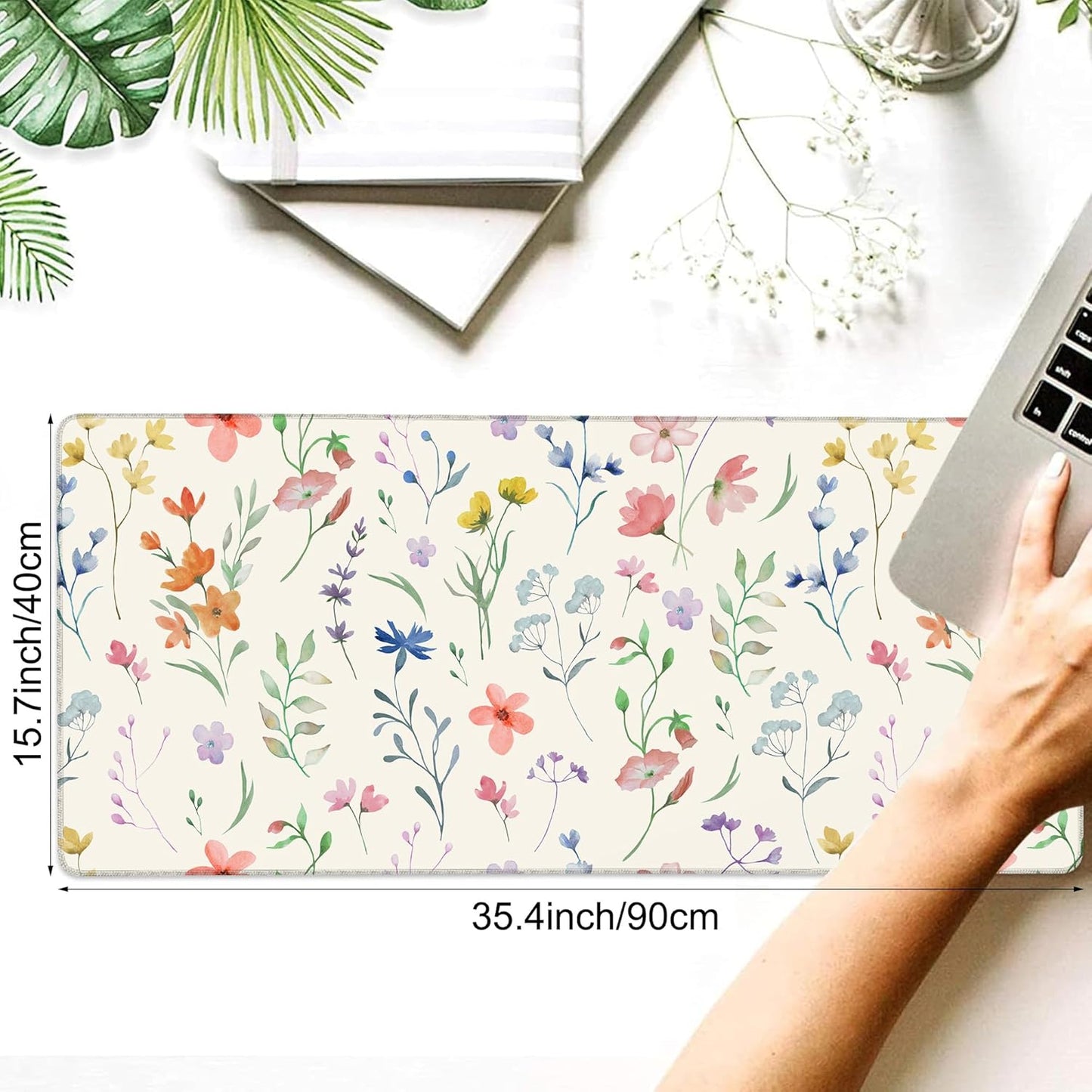 Desk Mat, Colorful Watercolor Floral Large Gaming Mouse Pad with Non-Slip Base Stitched Edges,Desk pad for Keyboard and Mouse Home Office 35.4"x15.7"