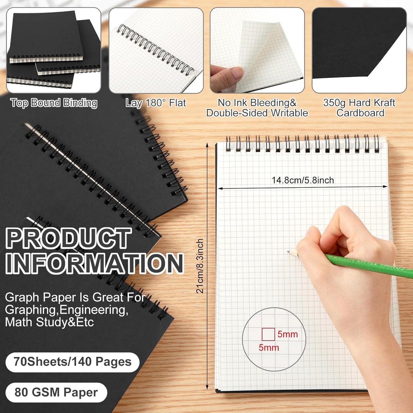 18 Pack Graph Paper Spiral Notepad A5 Top Wirebound Notepad Grid Notebook Steno Pads Memo Notebook Grid Paper 140 Pages for Writing Sketching Drawing Office Supplies (Black)
