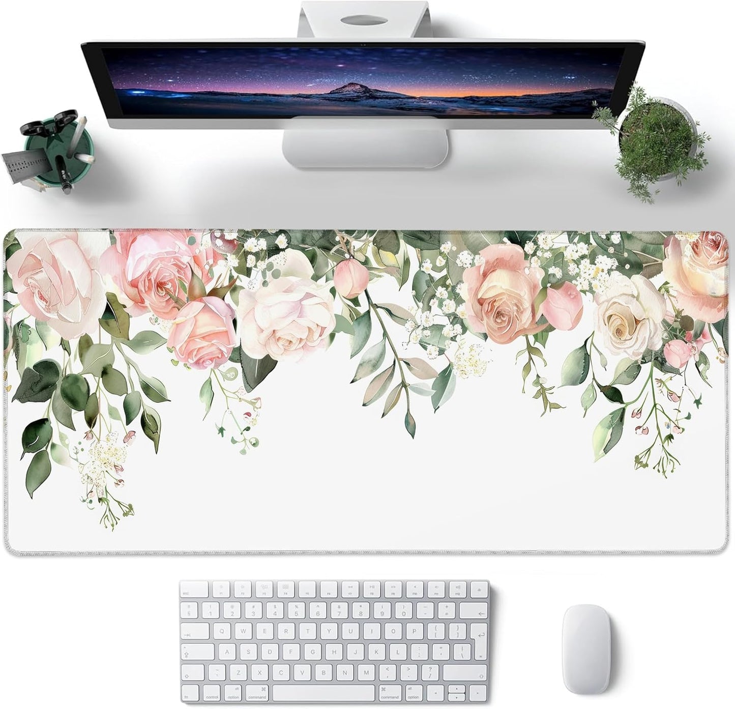 Desk Mat, Watercolor Pink Peony Flowers and Leaves Large Gaming Mouse Pad with Non-Slip Base Stitched Edges,Desk pad for Keyboard and Mouse Home Office 35.4"x15.7"