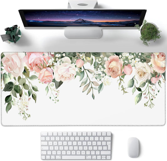 Desk Mat, Watercolor Pink Peony Flowers and Leaves Large Gaming Mouse Pad with Non-Slip Base Stitched Edges,Desk pad for Keyboard and Mouse Home Office 35.4"x15.7"