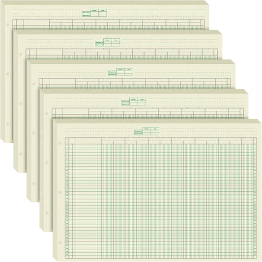 Fulmoon 5 Pack 250 Sheets Ledger Paper Accounting Columnar Pads 3 Hole Analysis Accounting Ledger Book for Business, 50 Sheets/Pack, Single Page Format, Green(16.375 x 11 Inch,13 Columnar)