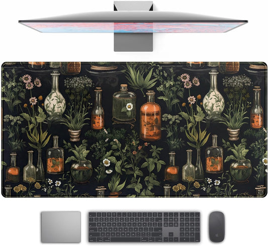 Black Aesthetics Desk Mat Mouse Pad Large Gaming Mouse Pad Desk Pad Mousepad, Mystical Green Plant Computer Laptop Keyboard and Mouse Mat, Desktop Protector Mat for Women Girl Office 31.5x15.8 in