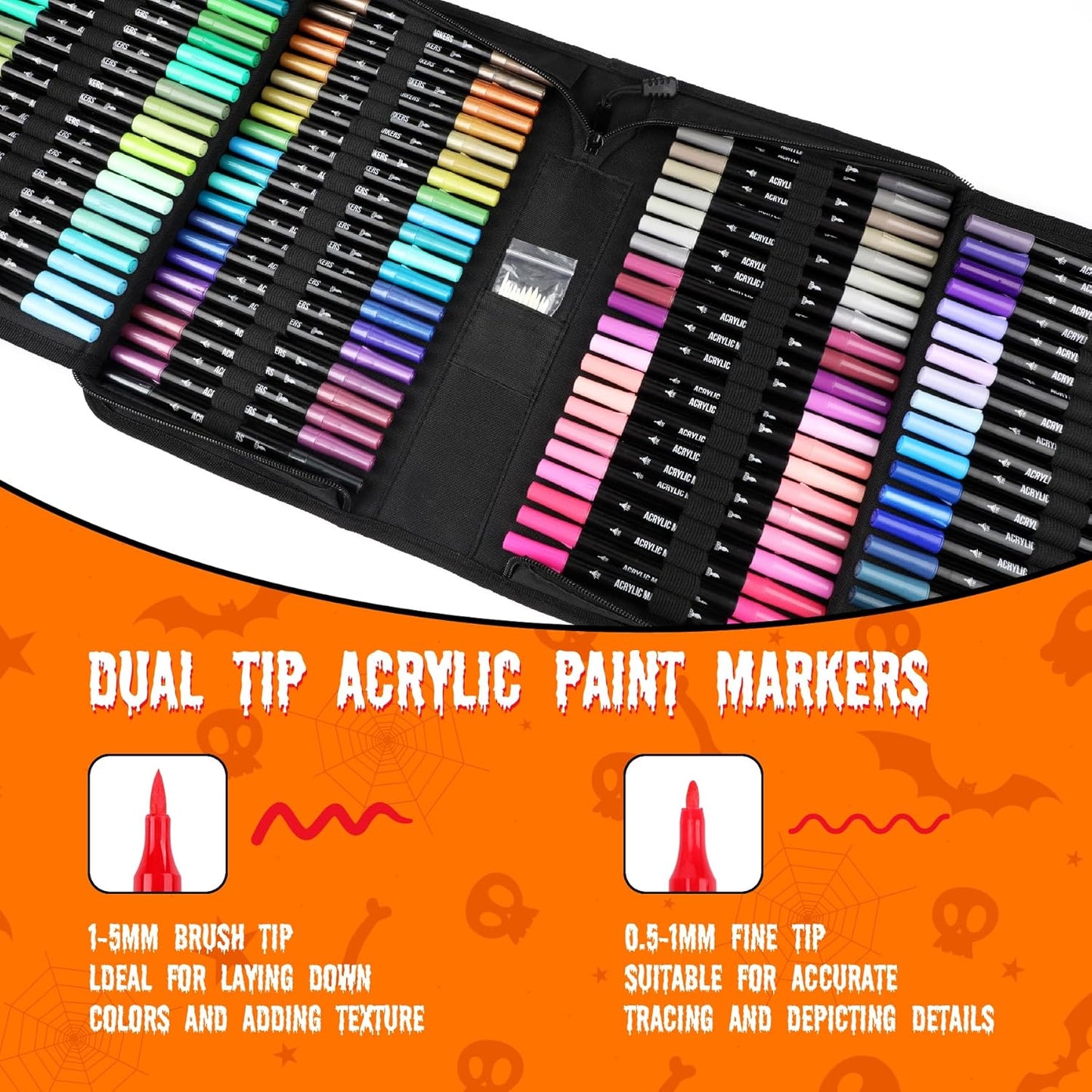 120 Colors Acrylic Paint Markers, Dual Tip Fine and Brush Tips Pens Contain 24 Metallic Color for Stone, Wood, Calligraphy, Canvas, Ceramic, Metal, Glass, Rock Painting, DIY Crafts Art Supplies Kit