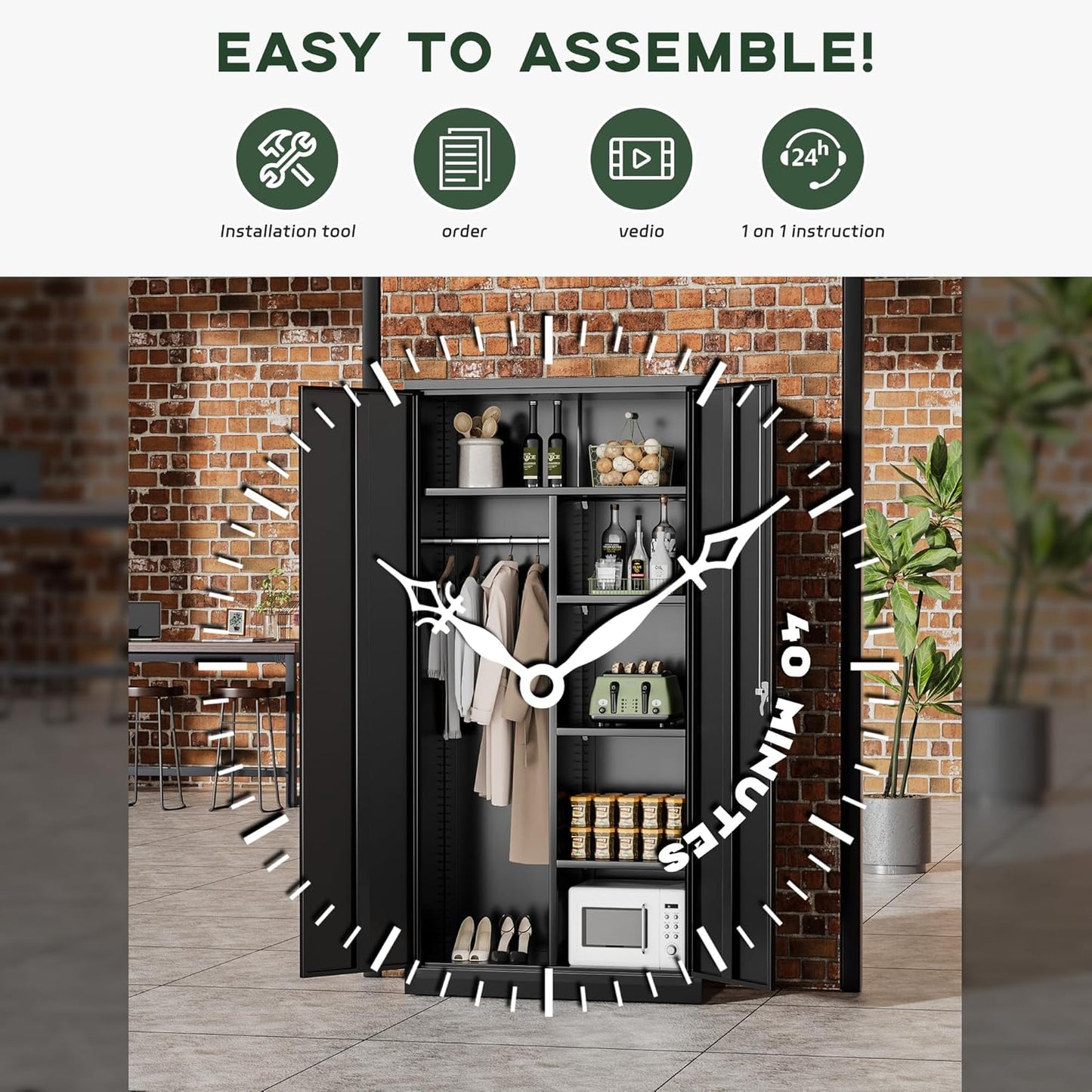 Greenvelly Metal Wardrobe Cabinet with Locking Doors, 72"H Black Metal Wardrobe Closet with Hanging Rods and Adjustable Shelves, Clothing Storage Closet for Home, Office, Employee, Gym (16" D x 32" W)