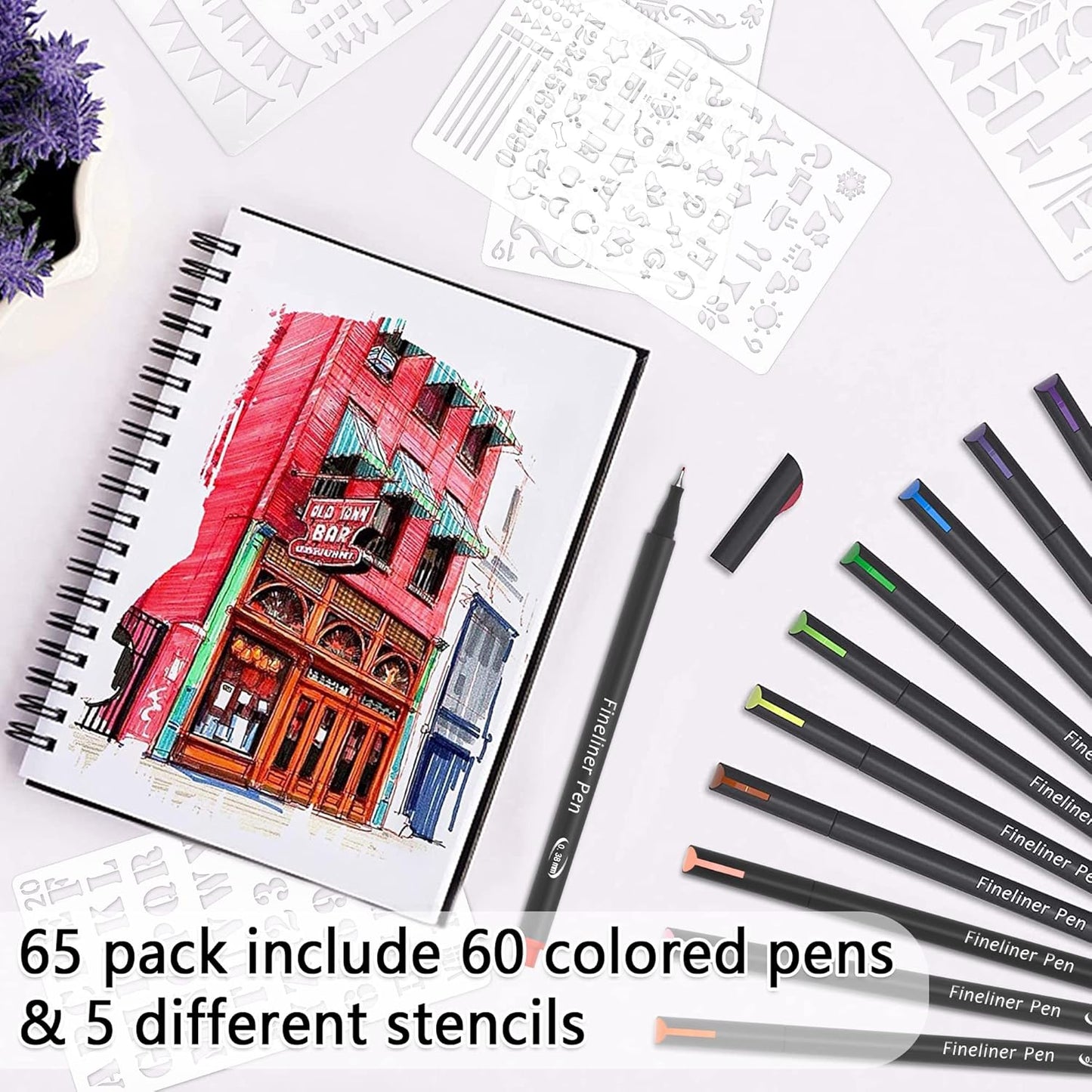 65 Pack Planner Colored Pens, 60 Assorted Colors Drawing Pens with 5 Different Stencils, Perfect for Dotted Journal Planner Writing Note Calendar Coloring Office School Supplies