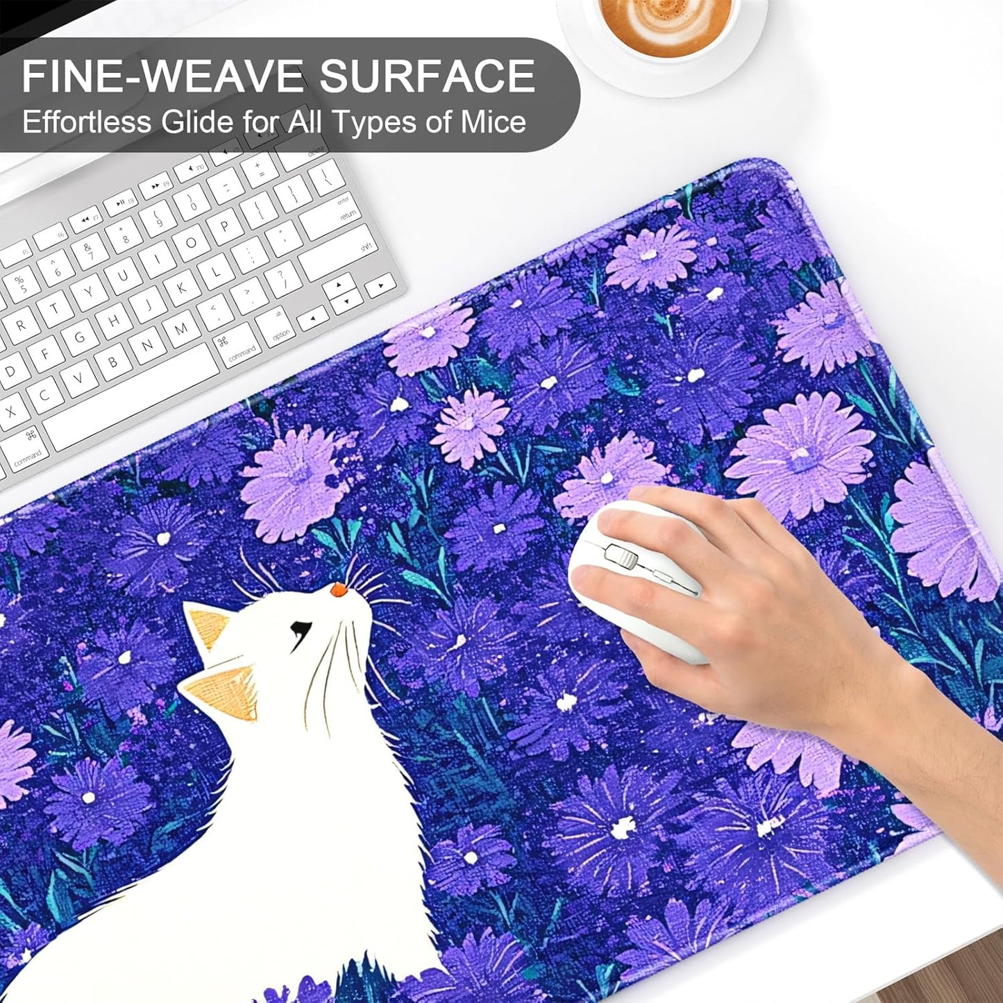 Auhoahsil Large Gaming Mouse Pad, Cute Cat XXL 35.4 x 15.7 in Desk Pad Stitched Non-Slip Rubber Long Computer Mousepad Thin Extended Full Size Desk Mat for Desktop, Laptop, Wireless Mice, Purple