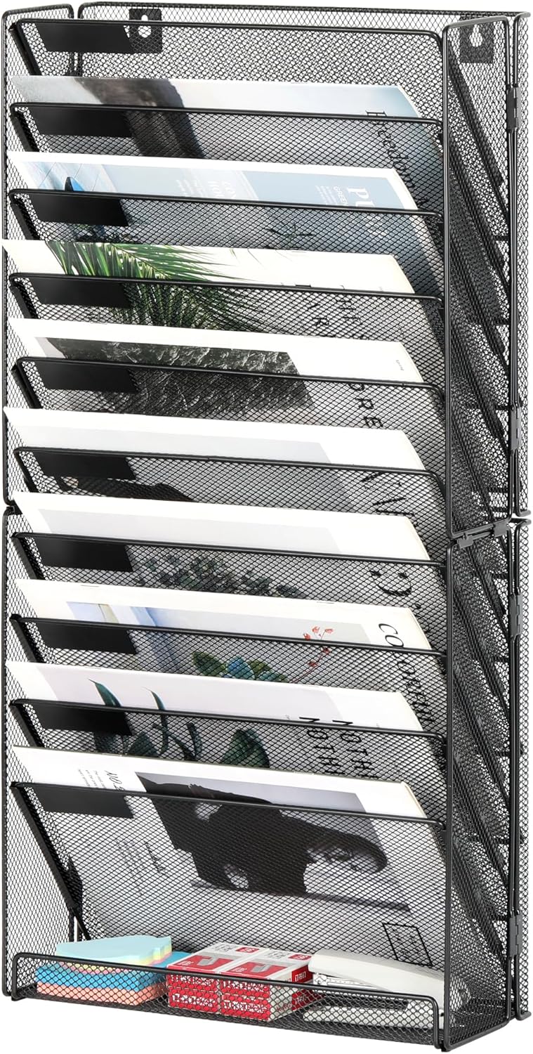 10-Tier Wall File Organizer, Hanging Mail Organizer Wall Mounted Paper Document Holder, Metal Clipboard Storage Basket for Office Home School Organization, Black