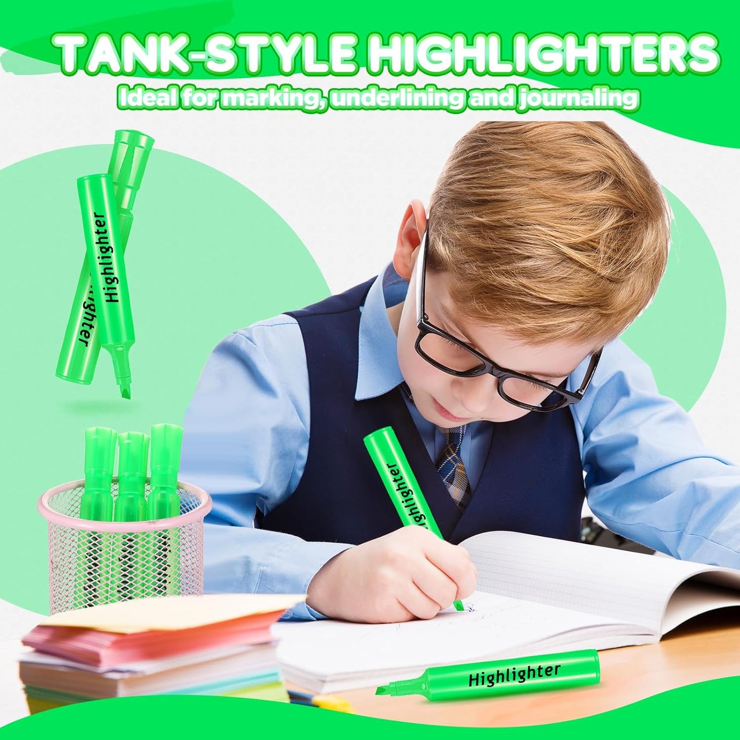 Qilery 72 Pack Highlighters Bulk, Tank Style Chisel Tip Highlighters Markers Quick Drying for Kids and Adult Coloring, Classroom Home Office School Supplies (Green)