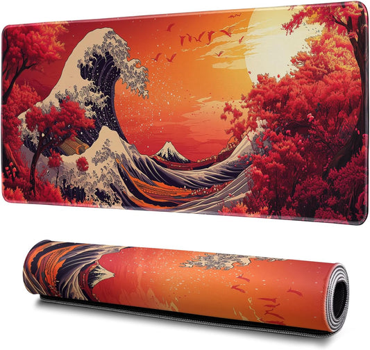 Red Japanese Sea Wave Mouse Pad Abstract Red Mouse Pad 31.5x11.8 Inch Texture Non-Slip Rubber Base Large Mousepad Stitched Edges Keyboard Mouse Mat Desk Pad for Office and Home