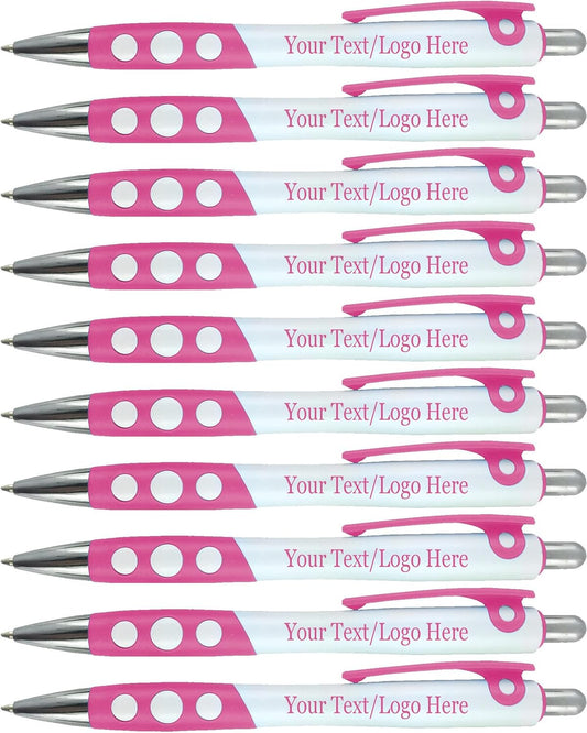 SyPen Personalized Ballpoint Pens With Custom Logo/Text-350 Pack Bulk-for Businesses, Parties, & Events, Custom Printed, White Barrel with Matching Colored Clip and Grip, Click Pens, Black Ink, Pink