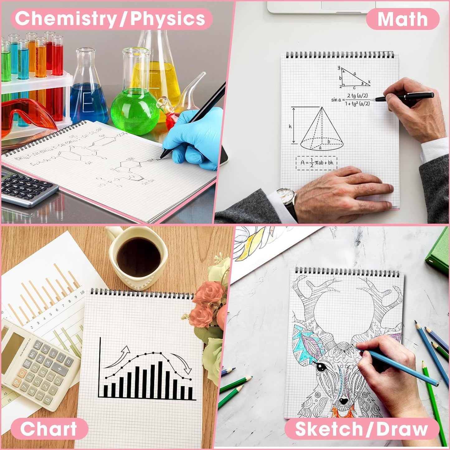 1 Pack Top Spiral Graph Paper Notebooks 8.7 X11.4 Inch A4 Grid Paper Notepad 70 Sheet Memo Steno Pad for Engineering Writing Sketching Drawing School Office Supplies (Pink)