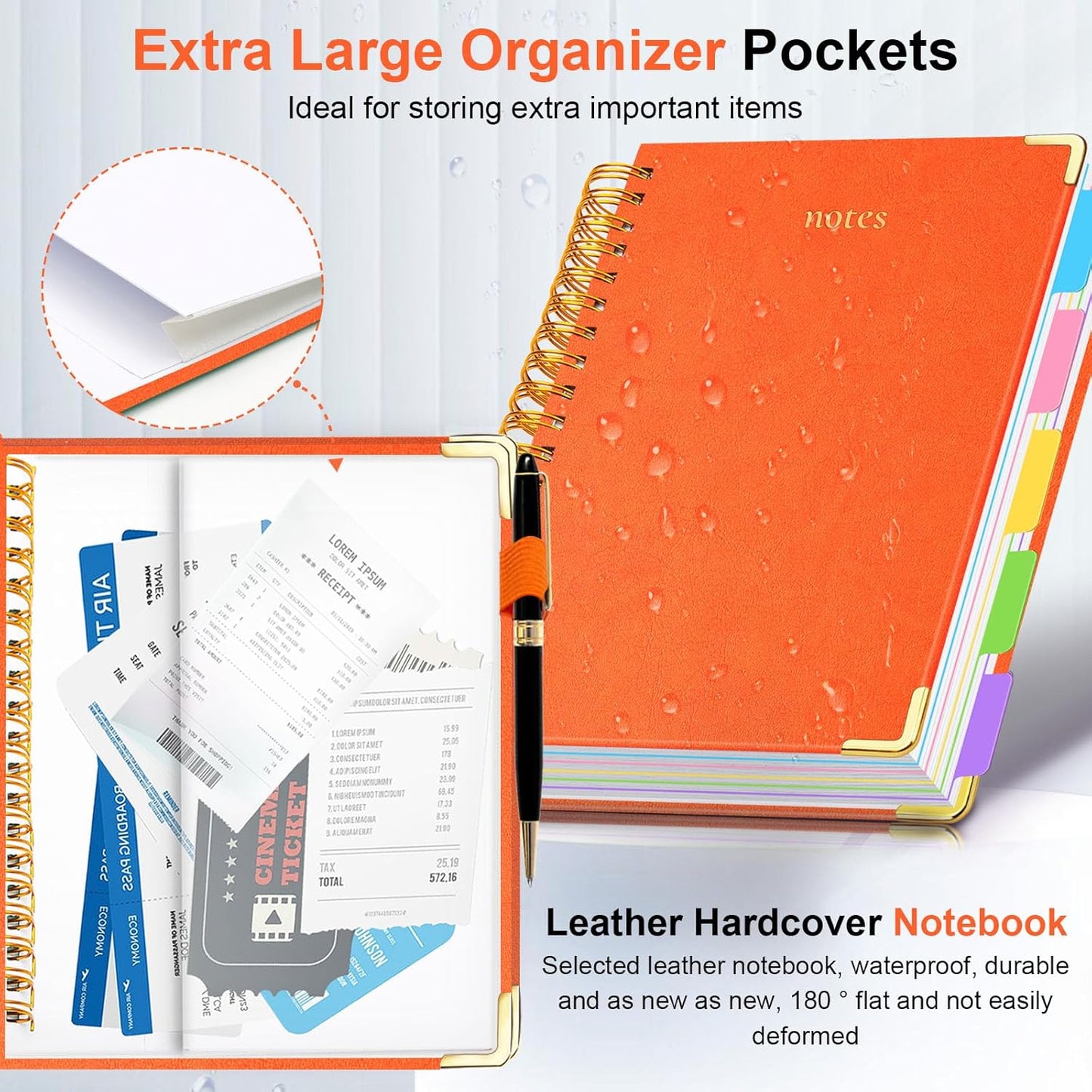 Hardcover Spiral Notebook 8"x10" Journal Notebook with Tabs and Removable Dividers 300 Pages 5 Subject Notebook College Ruled, Faux Leather Spiral Bound Notebook for Women, Students, School Work (Orange)