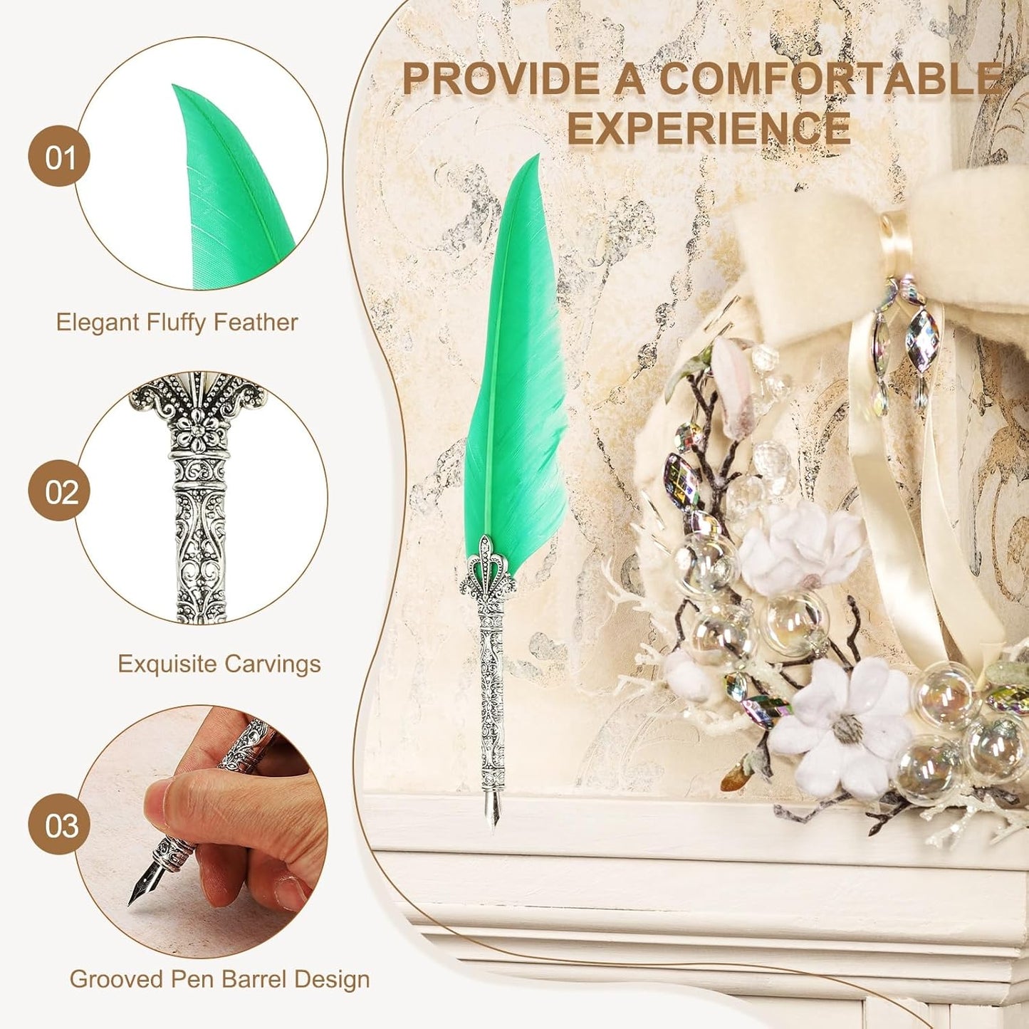 PATIKIL 26.5cm/10.4" Calligraphy Feather Quill Pen, Vintage Feather Dip Pen with 5 Replacement Nibs for Calligraphy Writing Wedding Office Gifts Green