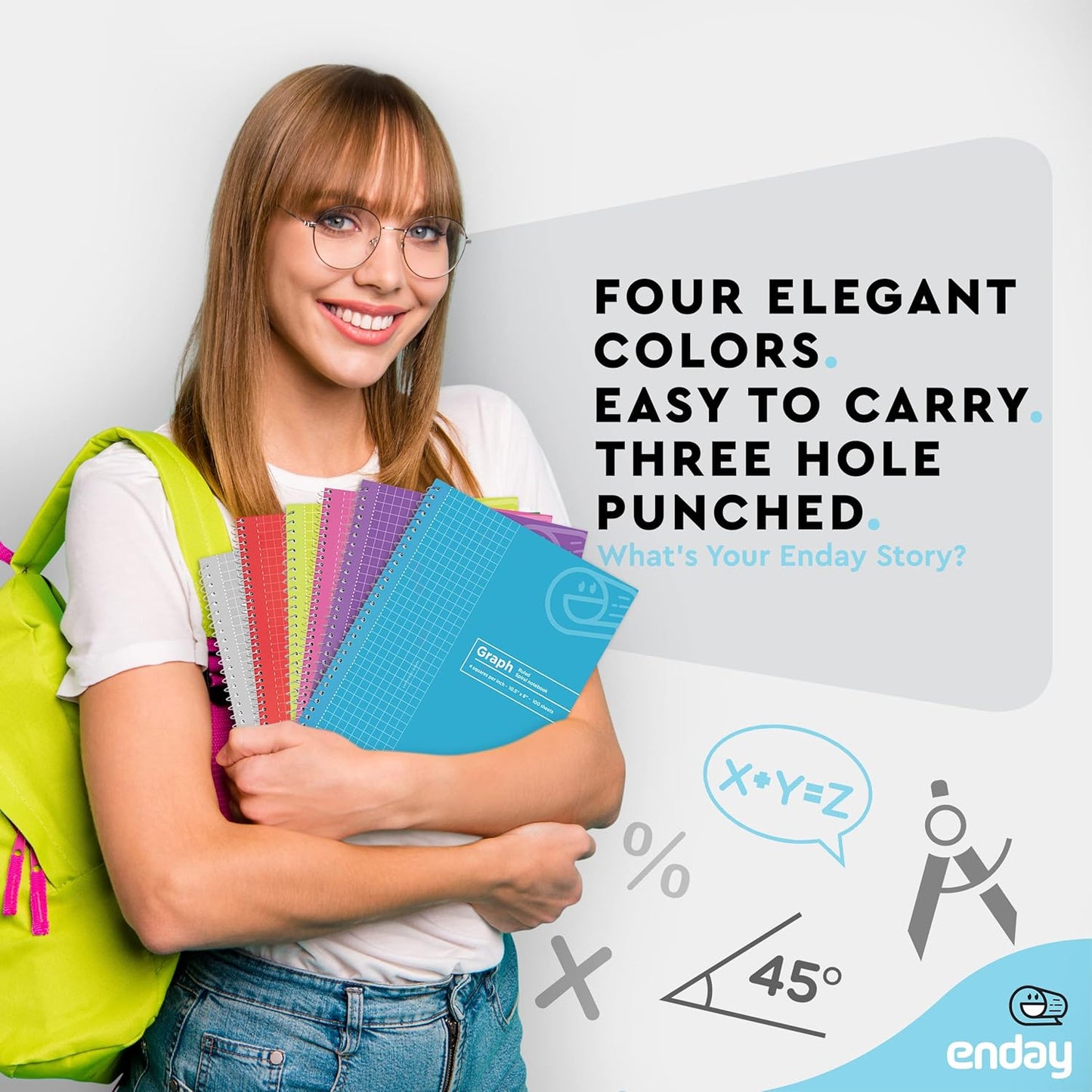 Graph Paper Notebook (8 Pack) Grid Notebook, Graph paper spiral notebook, Graph notebook, 4 Squares per inch Grid paper notebook, White Paper Quad Ruled Spiral Assorted Colors - by Enday