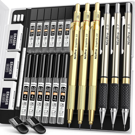 Nicpro Gold Art Mechanical Pencil Set, Metal Drafting Pencil 0.5, 0.7, 0.9mm & 2mm Lead Holder(2B HB 2H) For Sketching Drawing With Lead Refills Case