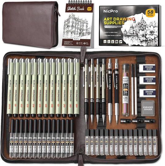 Nicpro 58 PCS Art Drawing Supplies Kit in Leather Case, Art Mechanical Pencil Set with Metal Drafting Pencil 0.3 & 0.5 & 0.7 & 0.9 & 2mm, 12 Micron Pen, Sketch Book, 30 Tube Lead Refills for Sketching