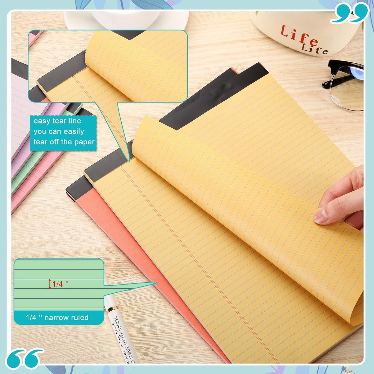 Fuutreo 8 Pcs 8.5'' x 11'' Colored Legal Pad Writing Pads Narrow Ruled 50 Sheets Per Notepad Perforated Writing Notepad Office Supplies for College Office Business (Candy Color)