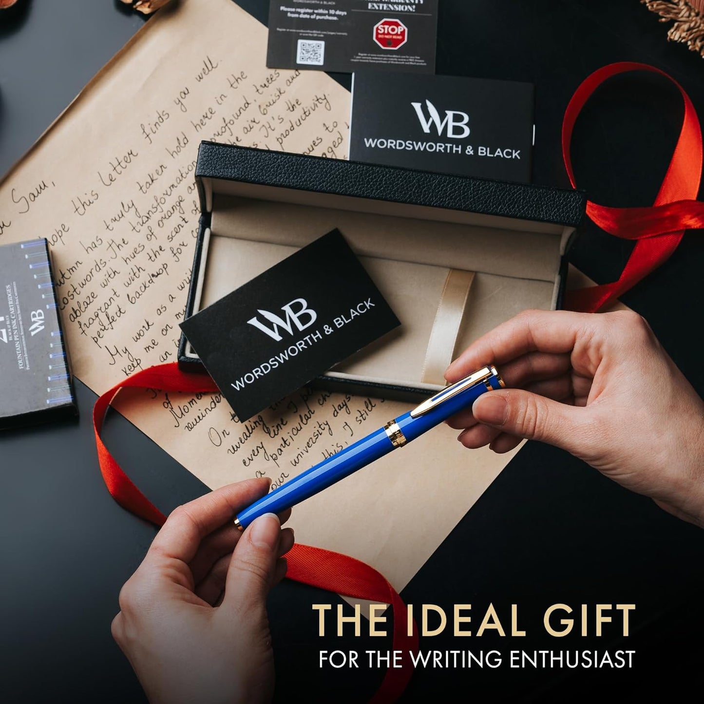 Wordsworth & Black Fountain Pen Set, 18K Gilded Medium Nib, Includes 24 Pack Ink Cartridges, Ink Refill Converter & Gift Box, Gold Finish, Calligraphy, [Imperial Blue], Perfect for Men & Women