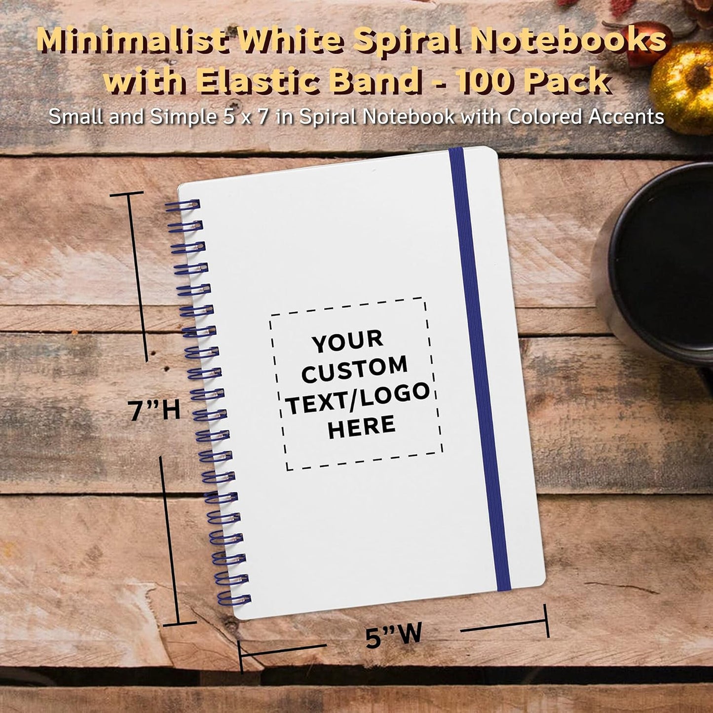 100 White Spiral Notebooks with Elastic Band Pack - Customizable Text, Logo - 80 lined pages, Recycled - Blue