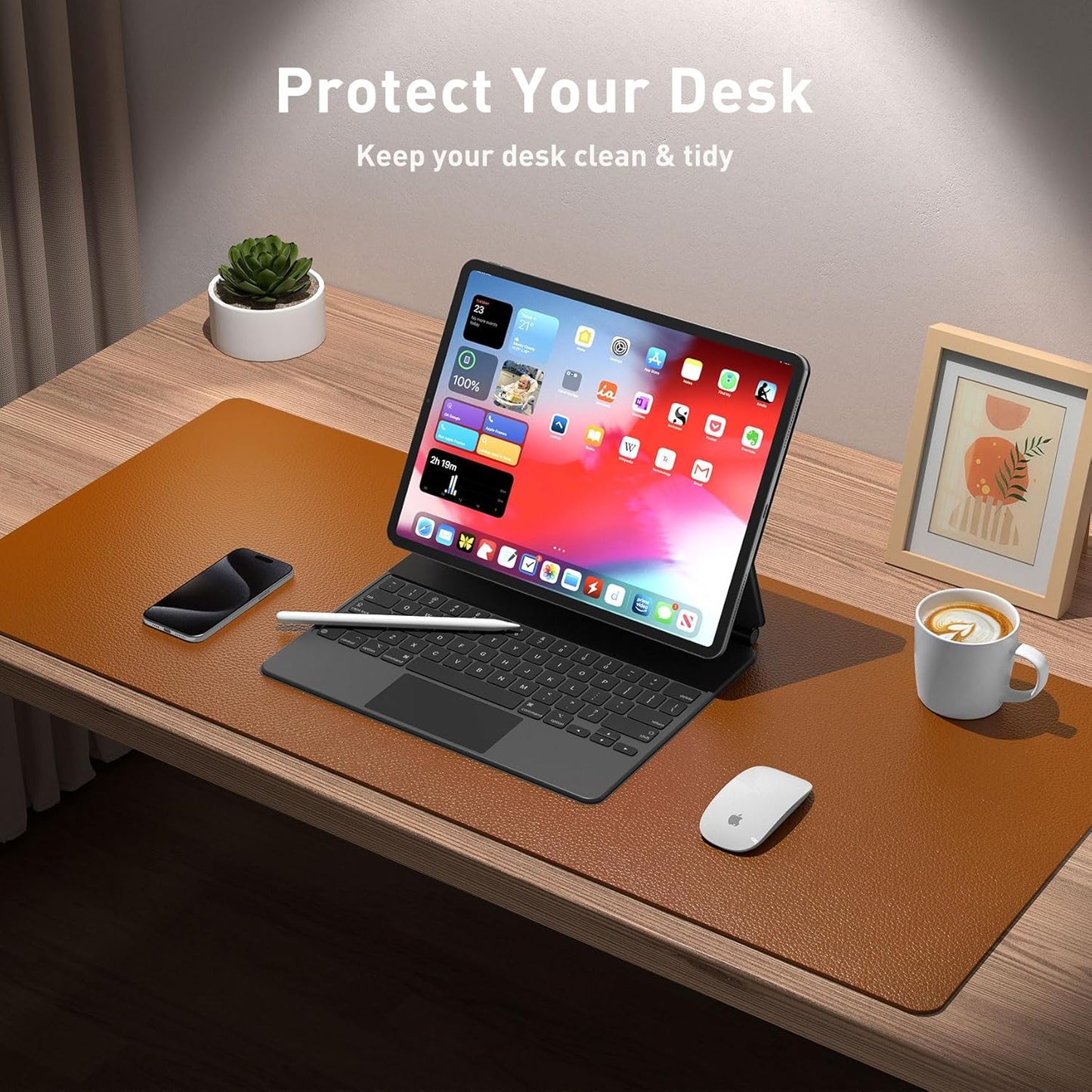 Aothia Leather Desk Pad Protector, Mouse Pad, Office Desk Mat, Non-Slip PU Leather Desk Blotter, Laptop Desk Pad, Waterproof Desk Writing Pad for Office and Home (48"x17",Brown)