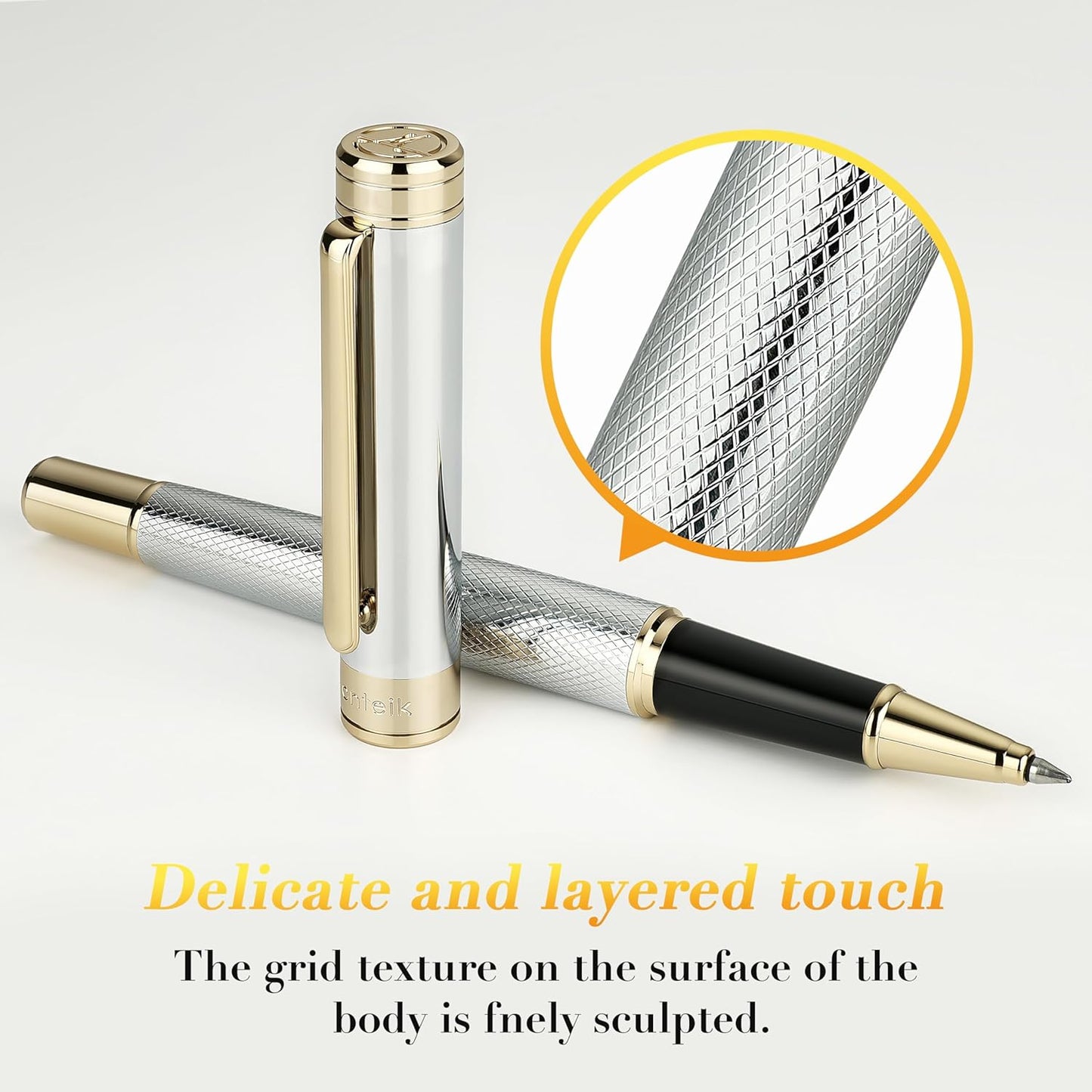 Silver Chrome Rollerball Pen, Stunning Luxury Pen with Mesh Texture Design、Silver Chrome Finish and 24K Gold Accents, Nice Gift Set for Men & Women, Business, Executive, Office, Fancy Pens