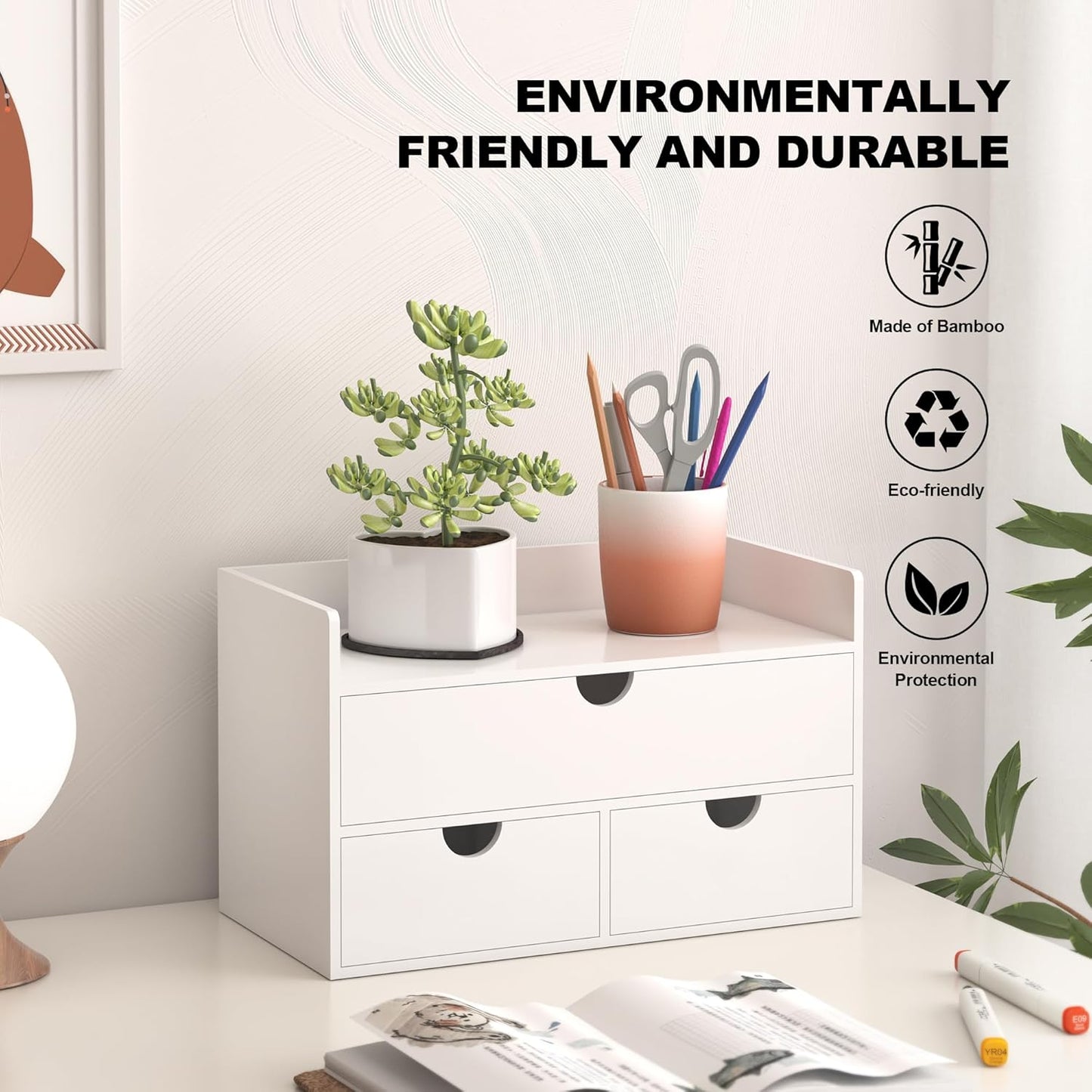 Bamboo Desk Organizer with Drawers Desktop Storage Drawers for Bills Office Supplies Kitchen Utensils Organizing Tool for Home Classroom Organization No Assembly (White with Shelf)