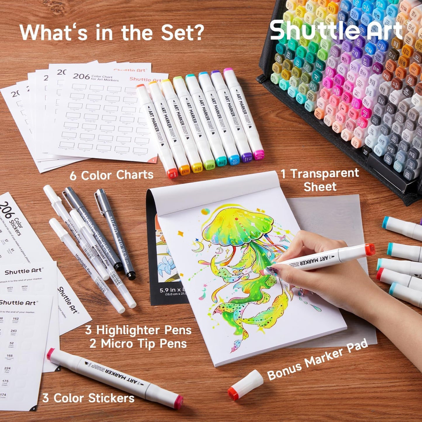 Shuttle Art 206 Colors Alcohol Markers, 204 Colors Dual Tip Art Marker Set Plus 2 Colorless Blender, Micro-tip Pens, White Highlighter Pens, Marker Bag Perfect for Students Adults Coloring