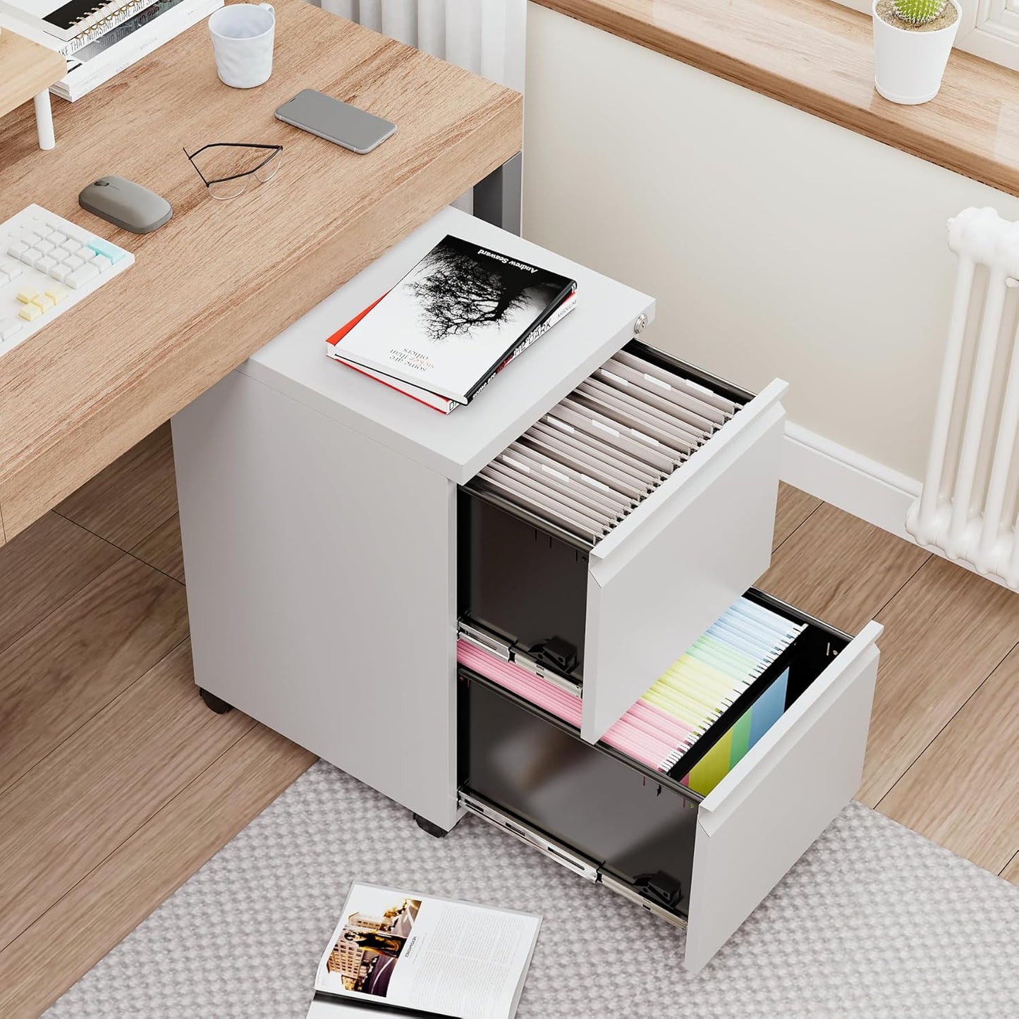 2 Drawers File Cabinet with Lock Metal Vertical File Cabient with Wheels Mobile File Cabinet for Office Home Legal/Letter/a4 Size Require Assembly (White, 2 Drawers)