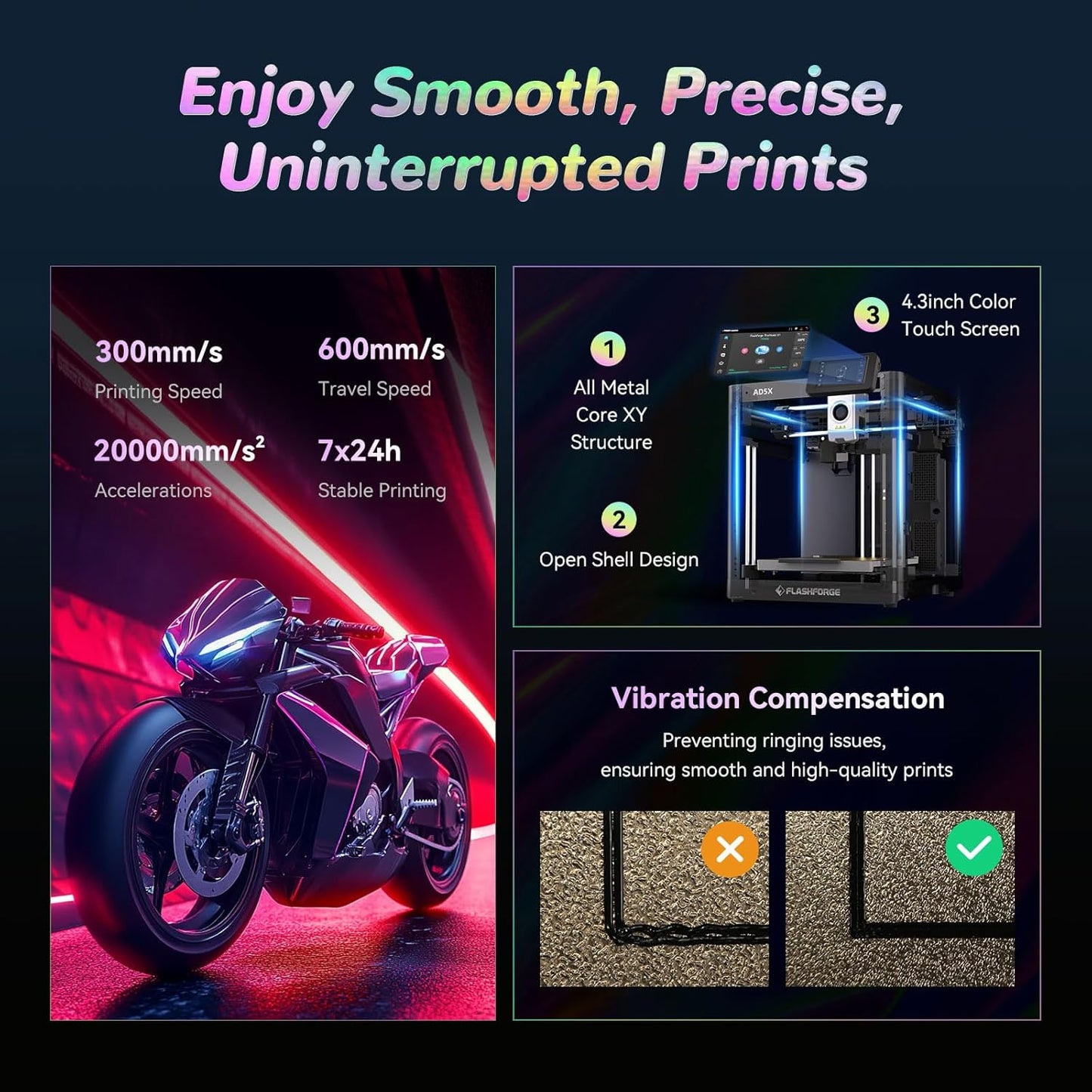 FLASHFORGE AD5X Multi-Color 3D Printer with IFS, 600mm/s High Speed, 300°C High Temp Direct Extruder, Fully Auto Leveling, All Metal CoreXY,4-Color Printing for PLA-CF,PETG-CF, 220x220x220mm