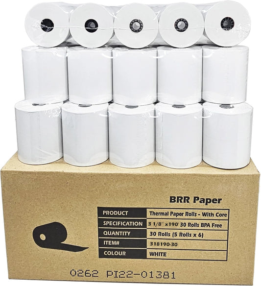 (30 Rolls) 3 1/8 x 190 Thermal Paper Rolls Compatible with Clover Stations, Square Stations and Most Receipt Printers
