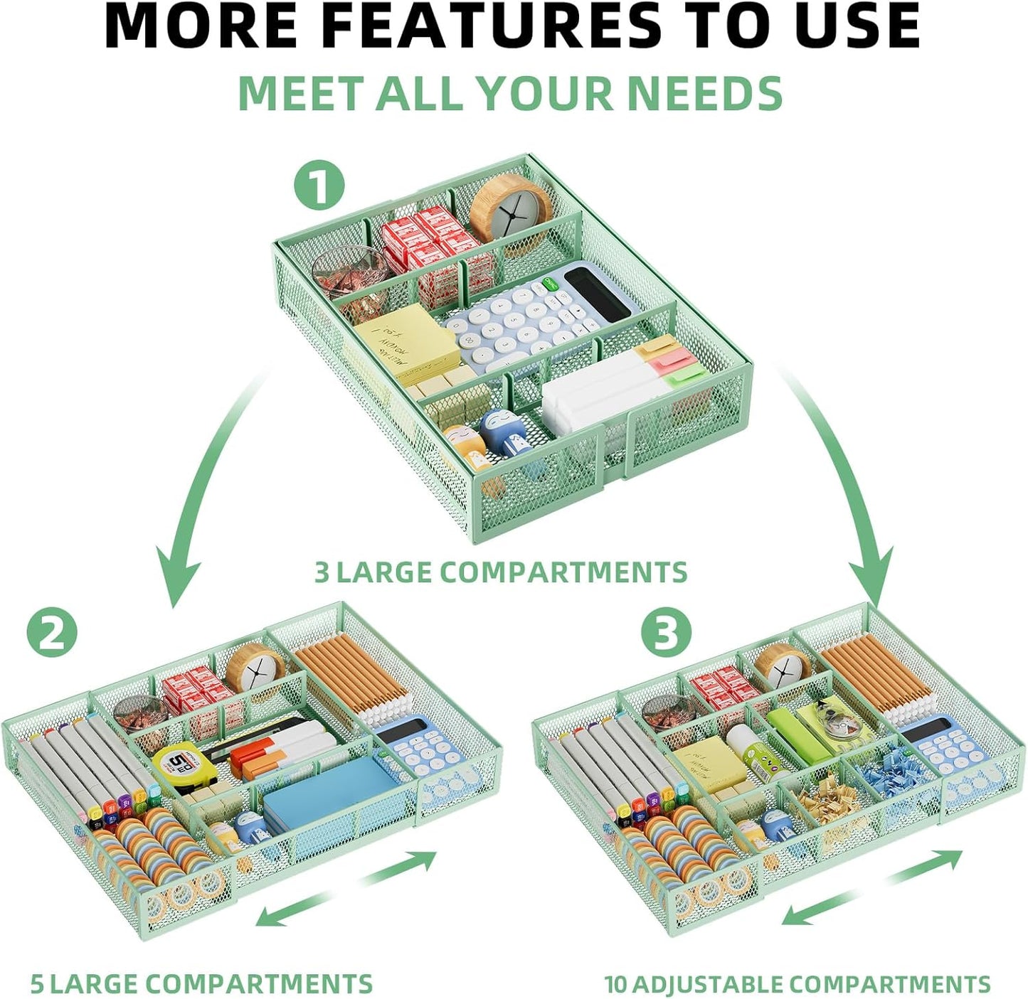 Marbrasse Expandable Desk Drawer Organizer, Mesh Drawer Organizer Tray with 10 Adjustable Compartments, Desk Organizers and Accessories for Office Supplies, Makeup & Vanity (Expandable-Green)