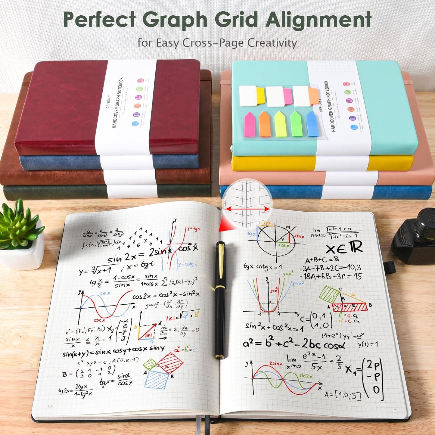 Graph Paper Notebook, 312 Numbered Pages Large A4 Hardcover Leather Journal, 100gsm No Bleed Grid Paper Notebook with Index Pages, Squared Grid Notebook for Graphing Notes Math, 8.5'' × 11'', Green