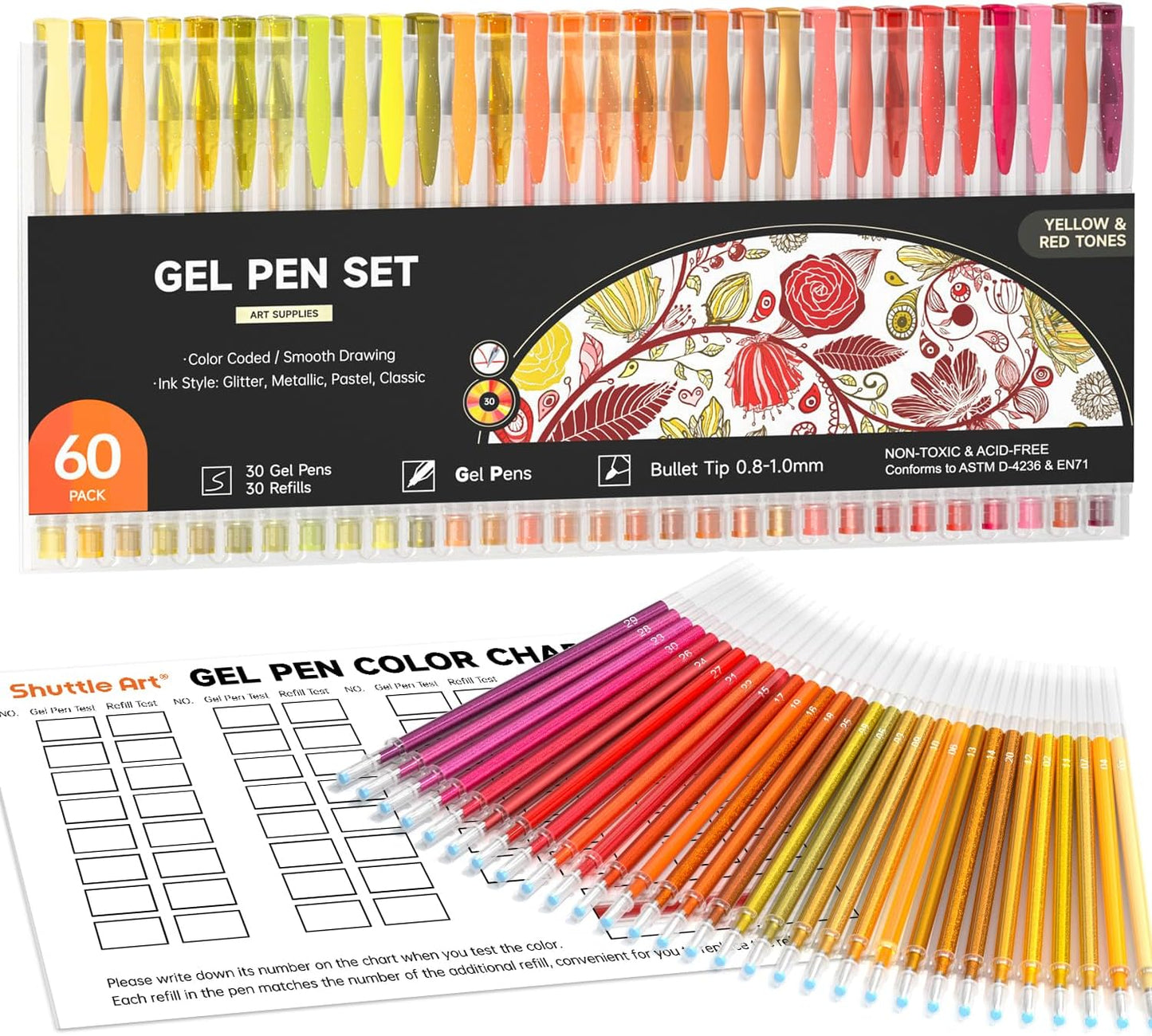 Shuttle Art 60 Pack Red Yellow Tone Gel Pens, 30 Red Orange Yellow Gel Pens with 30 Refills for Adults Coloring Books Journaling Drawing Nature, Landscapes, Animals Scenes