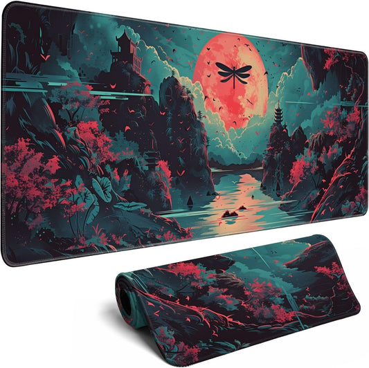 Japanese Desk Mat Riverside Full Moon Desk Pad Psychedelic Mlarge Mouse Pad Dragonfly Gaming Mousepad Extended XL Keyboard Pad 31.5 x 11.8 in Laptop Computer Mouse Keyboard Mat for Office Desk Decor