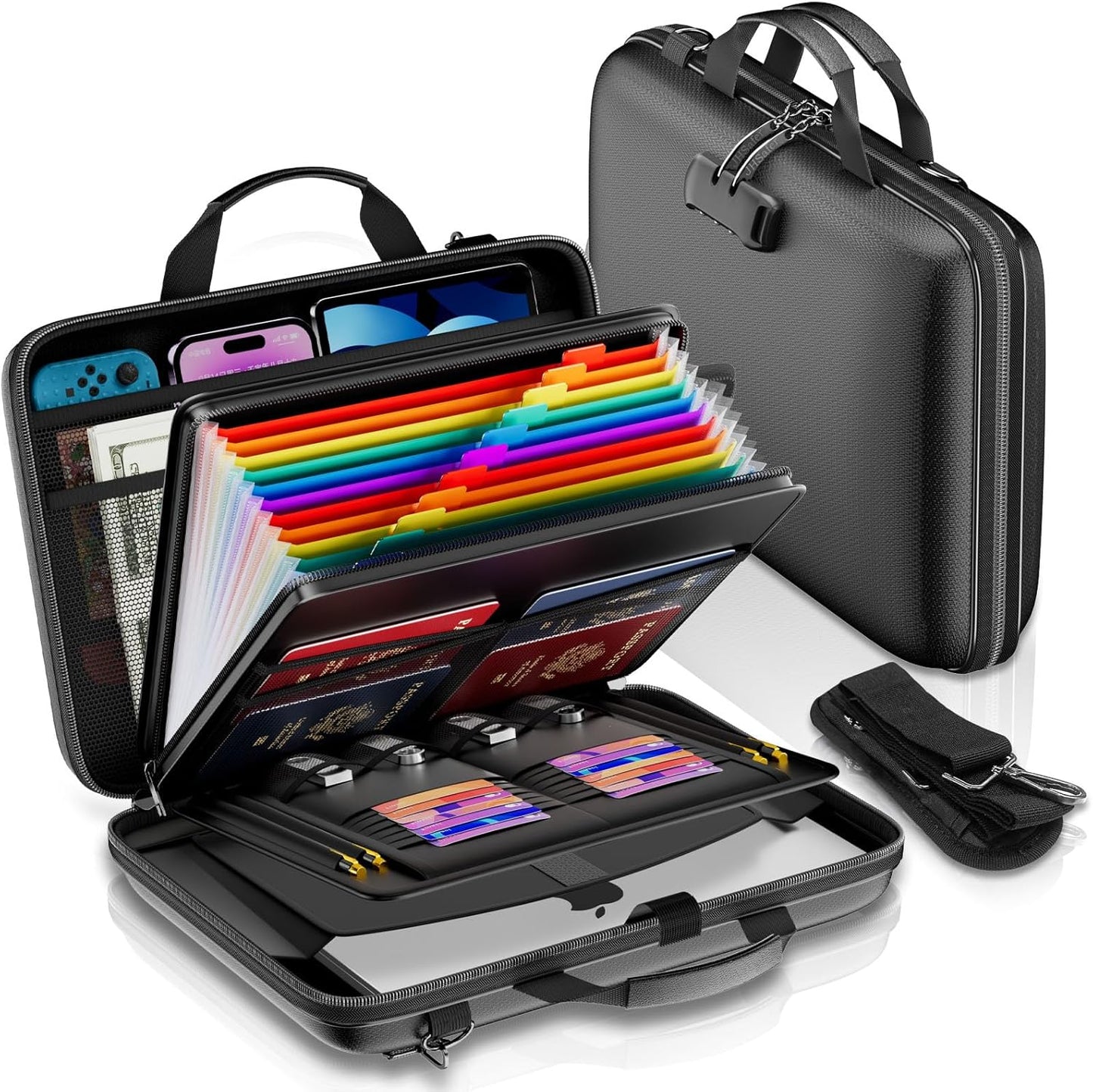 Fireproof Document Organizer with Lock,Hard-Shell Case Fireproof Document Box with Shoulder Strap,Portable File Organizer with 13 Pocket Accordion File Folder for Files Laptop Black