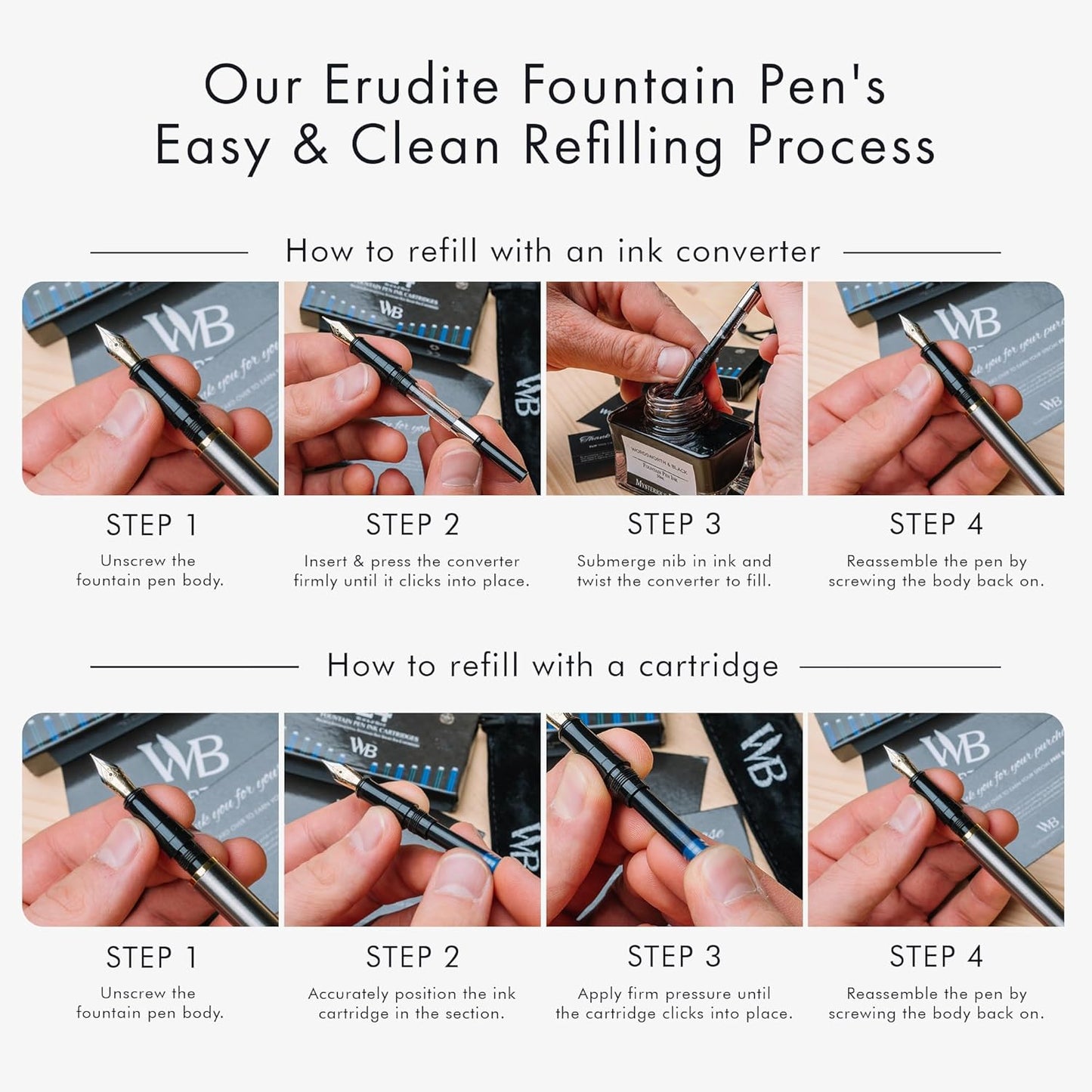 Wordsworth & Black Fountain Pen Set, 18K Gilded Medium Nib, Includes 24 Pack Ink Cartridges, Ink Refill Converter & Gift Pouch, Gold Finish, Calligraphy, [Silver Gold], Perfect for Men & Women