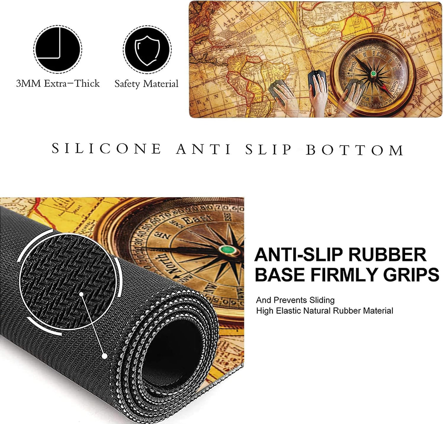 Vintage Compass Lies on Ancient World Map Extended Gaming Mouse Pad Large Desk Mat with Non-Slip Rubber Base and Stitched Edges,Keyboard Mouse Mat Desk Pad for Work,Game,Office,Home 35.4 * 15.7 Inch