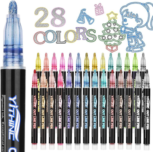 Outline Shimmer Markers, 28 Glitter Metallic Gel Pens for Coloring, Tween Teen Girl Gifts Trendy Stuff, Halloween Basket, Birthday Party, Cool Fun Art Crafts Supplies for Kids Girls Ages 8 10 12 14 16