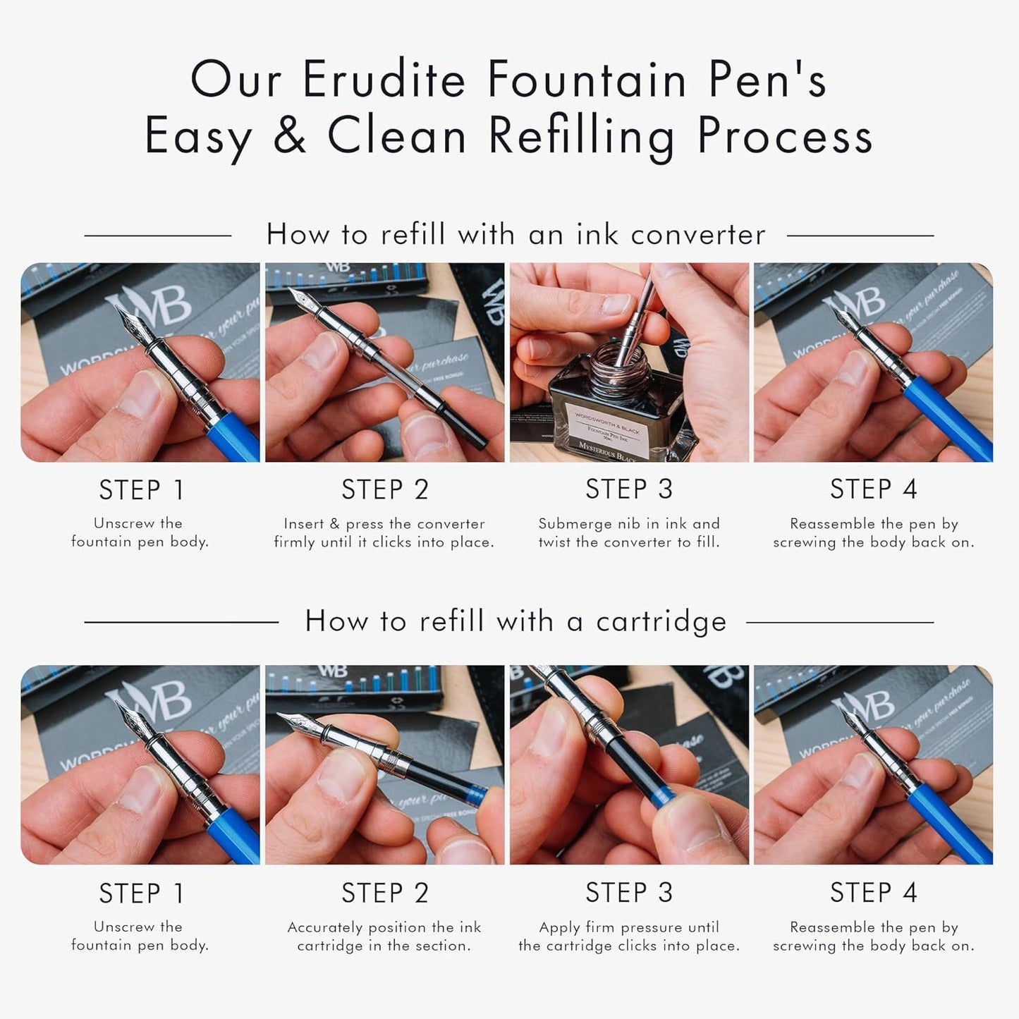 Wordsworth & Black Fountain Pen Set, Medium Nib, Includes 24 Pack Ink Cartridges, Ink Refill Converter & Gift Pouch, Chrome Finish, Calligraphy, [Imperial Blue], Perfect for Men & Women