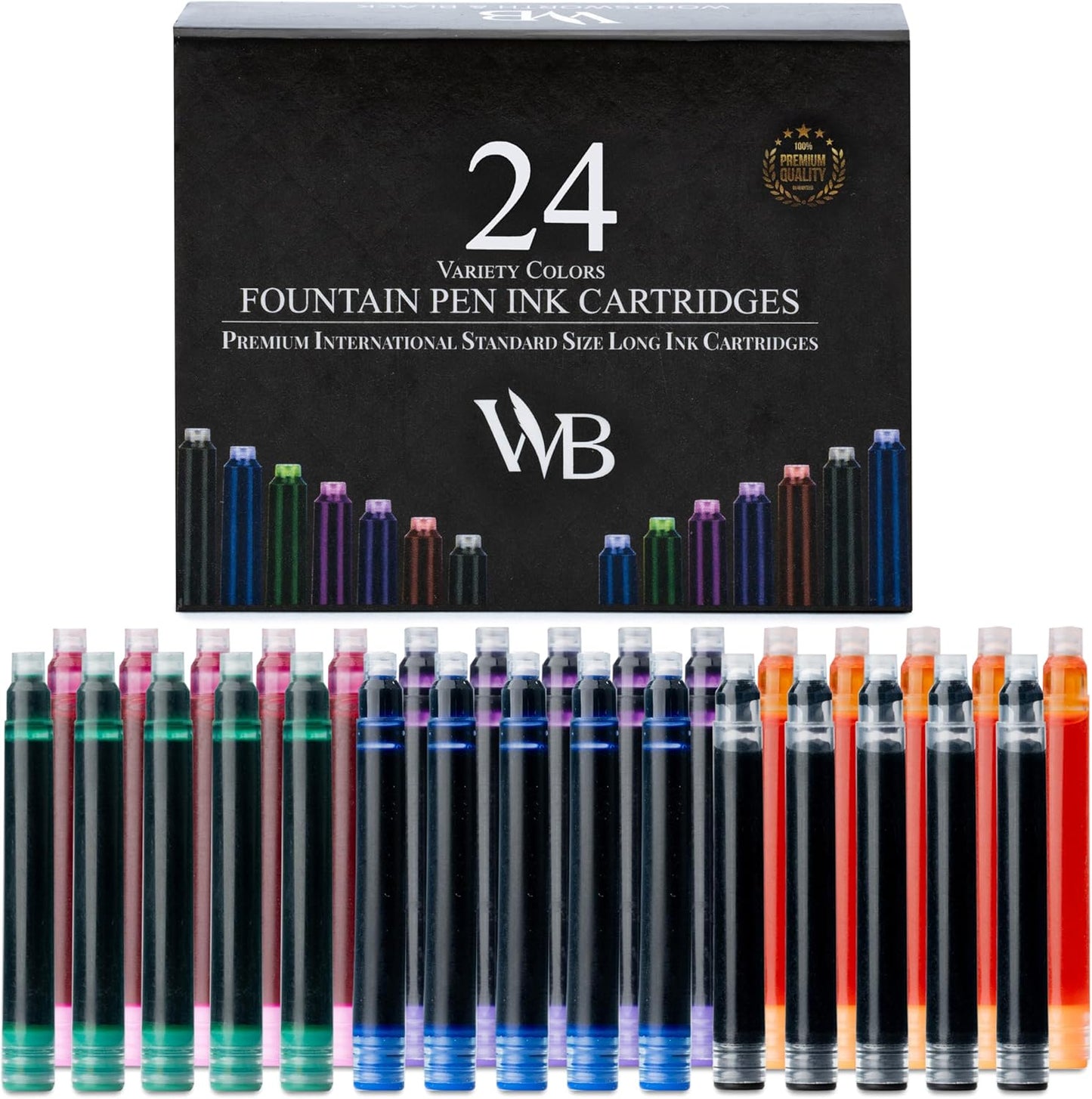 Wordsworth & Black 24 Pack Fountain Pen Ink Refills - SET OF 24 ASSORTED COLORS Ink Cartridges - International Standard Size - Length Appr 1.5" - Base Diameter Appr 0.24" - Disposable and Generic