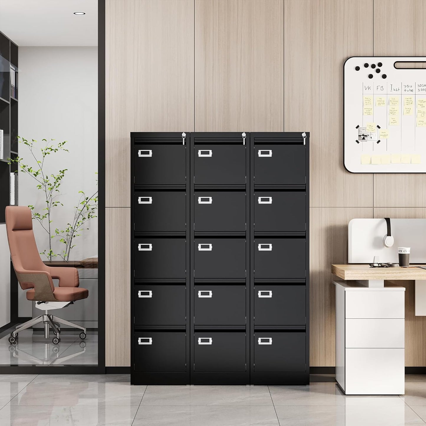 File Cabinets - 5 Drawers Vertical 17.8" Deep Lockable Filing Cabinet - Black & Gray Metal Storage Cabinets for Home Office to Hanging Files Letter/Legal/F4/A4 Size